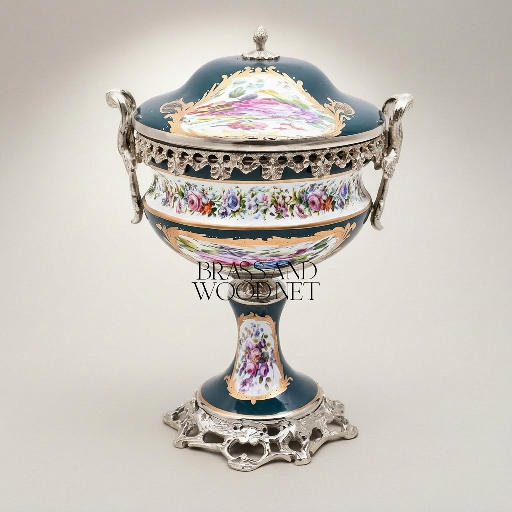 Sèvres-Style Porcelain & Brass Vase Set – Hand-Painted Floral Panels on Navy Ground — Silver