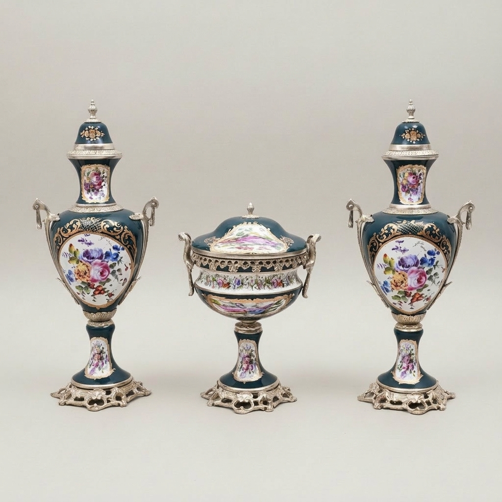 Sèvres-Style Porcelain & Brass Vase Set – Hand-Painted Floral Panels on Navy Ground