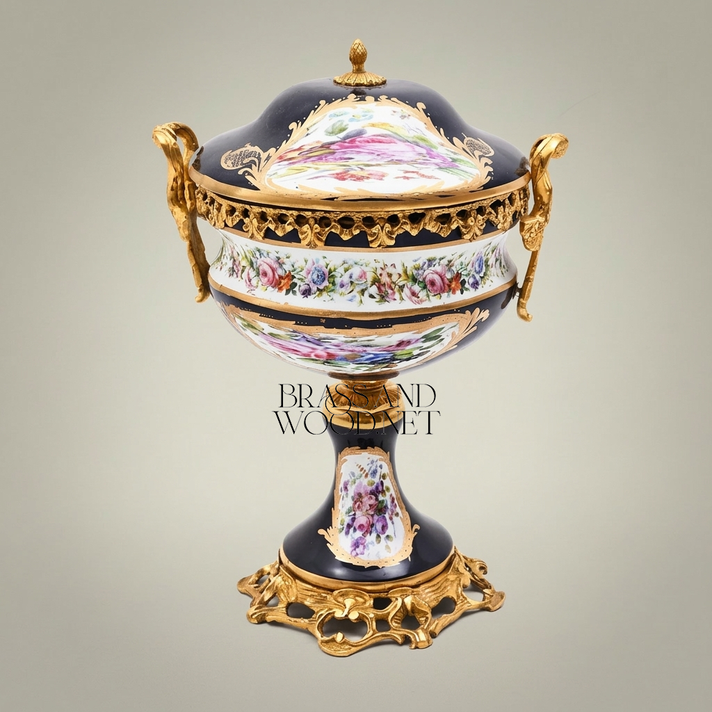 Sèvres-Style Cobalt Porcelain & Brass Vase Set – Hand-Painted Floral Garniture de Cheminée — Gold