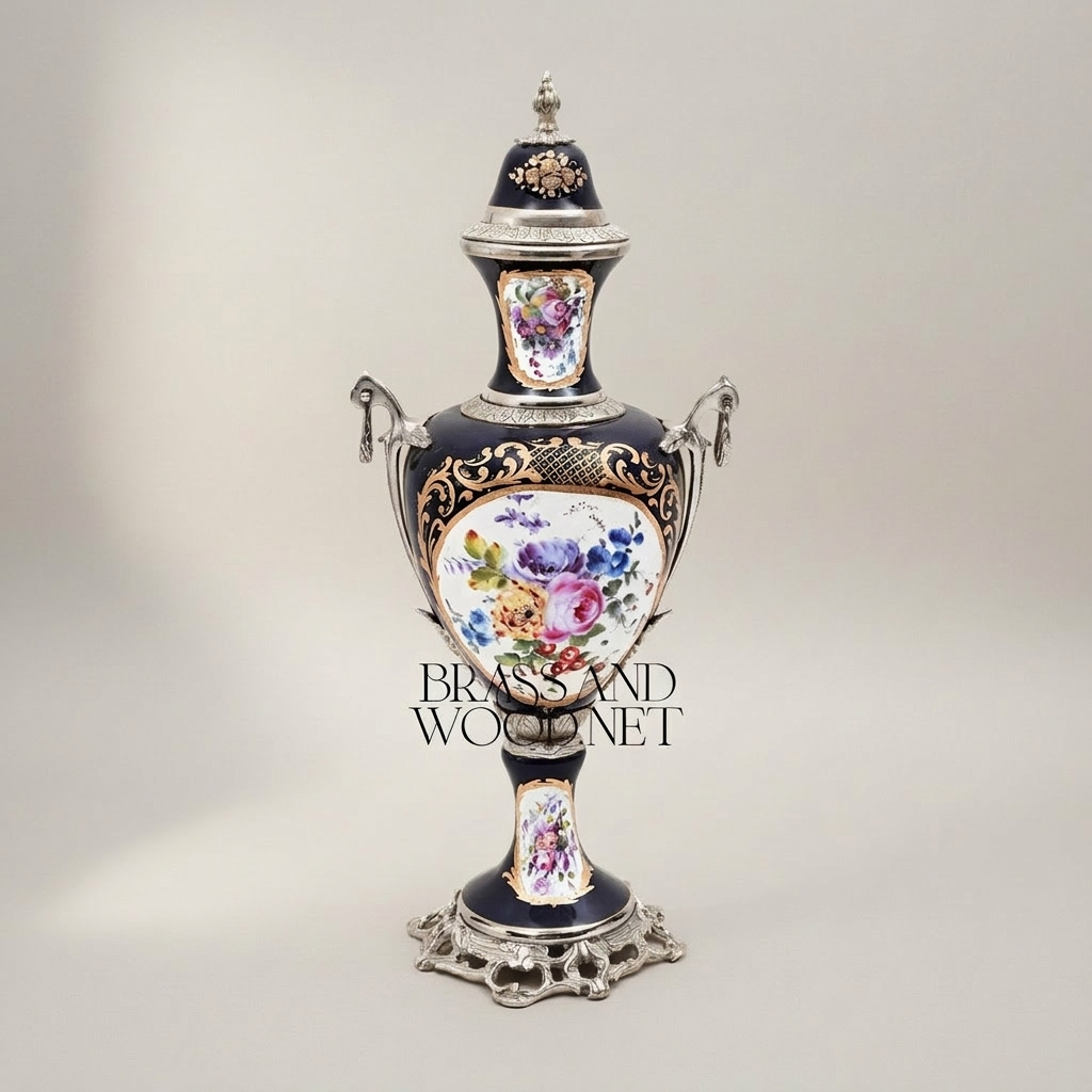 Sèvres-Style Cobalt Porcelain & Brass Vase Set – Hand-Painted Floral Garniture de Cheminée — Silver