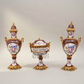 Sèvres-Style Porcelain & Brass Garniture Set - Burgundy Floral Hand-Painted Urns with Lidded Centrepiece — Gold
