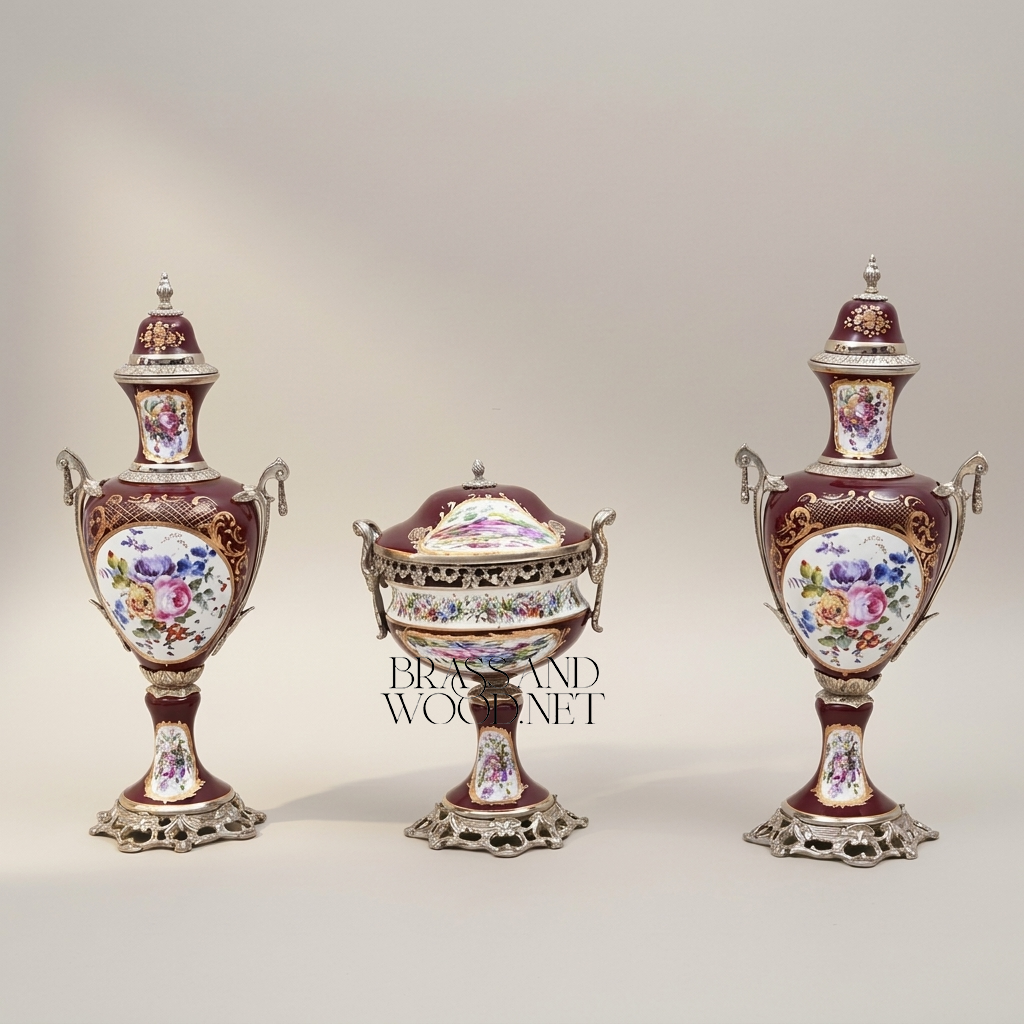 Sèvres-Style Porcelain & Brass Garniture Set - Burgundy Floral Hand-Painted Urns with Lidded Centrepiece — Silver