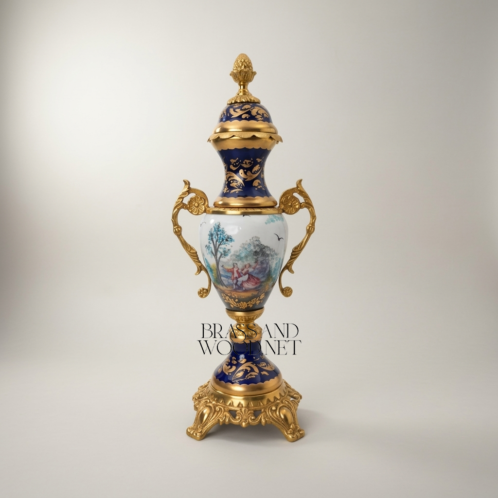 Rococo Sèvres-Style Porcelain & Brass Garniture Set - Hand-Painted Pastoral Medallion — Gold