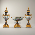 Rococo Sèvres-Style Porcelain & Brass Garniture Set - Hand-Painted Pastoral Medallion — Gold