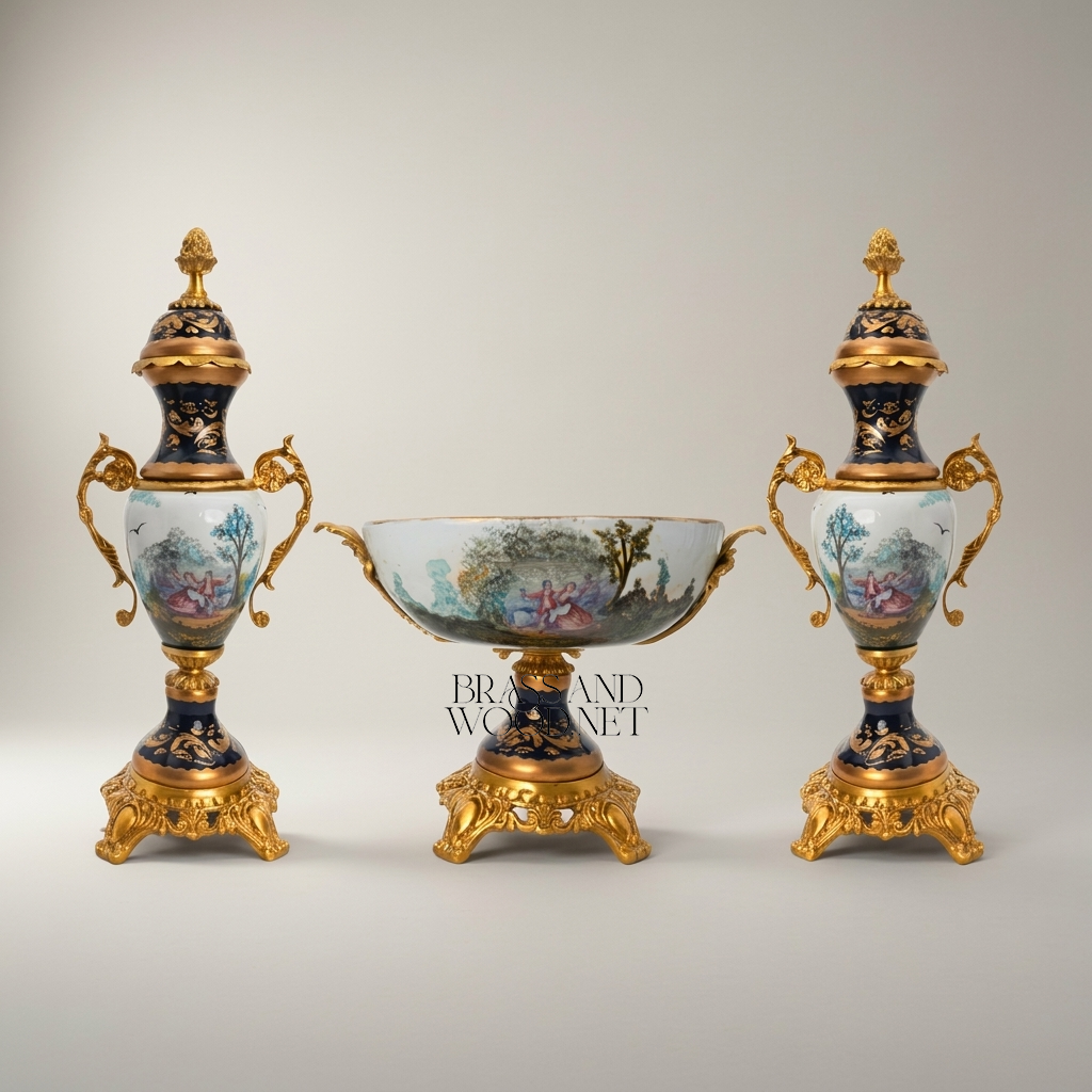 Rococo Sèvres-Style Porcelain & Brass Garniture Set - Hand-Painted Pastoral Medallion — Gold