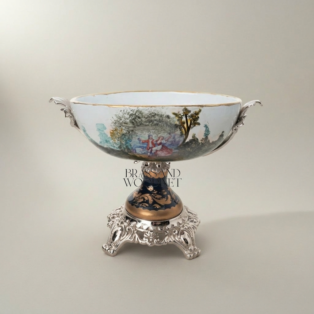 Rococo Sèvres-Style Porcelain & Brass Garniture Set - Hand-Painted Pastoral Medallion — Silver