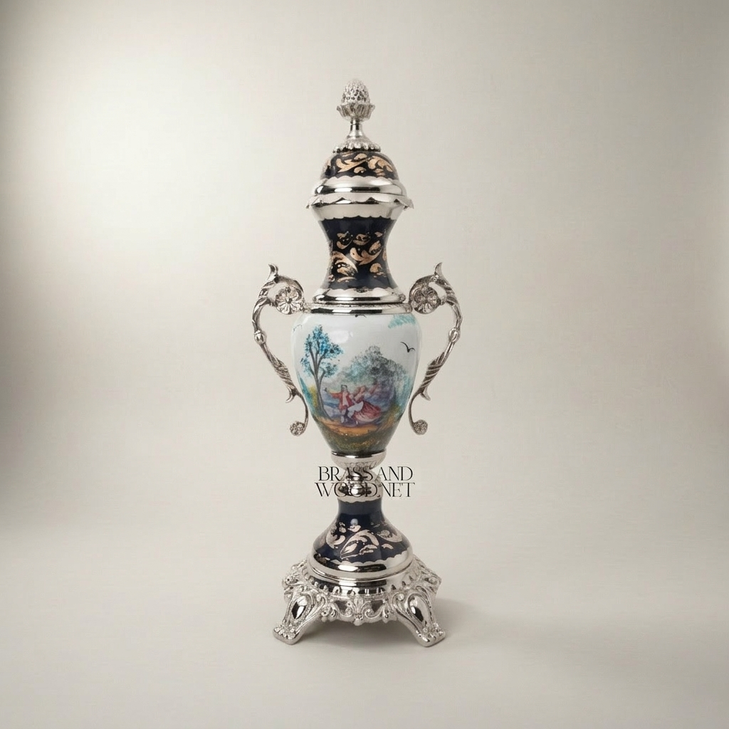 Rococo Sèvres-Style Porcelain & Brass Garniture Set - Hand-Painted Pastoral Medallion — Silver