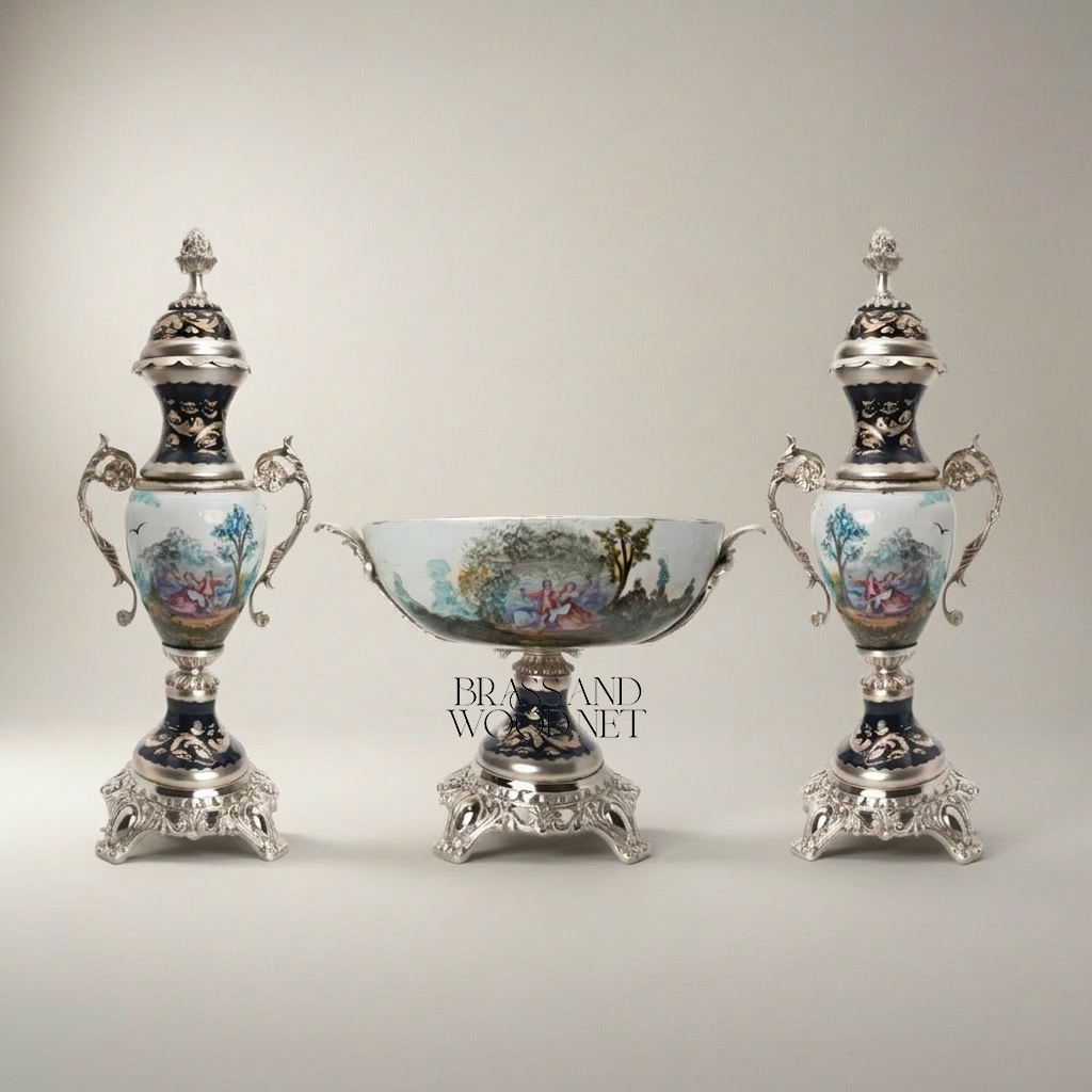 Rococo Sèvres-Style Porcelain & Brass Garniture Set - Hand-Painted Pastoral Medallion — Silver