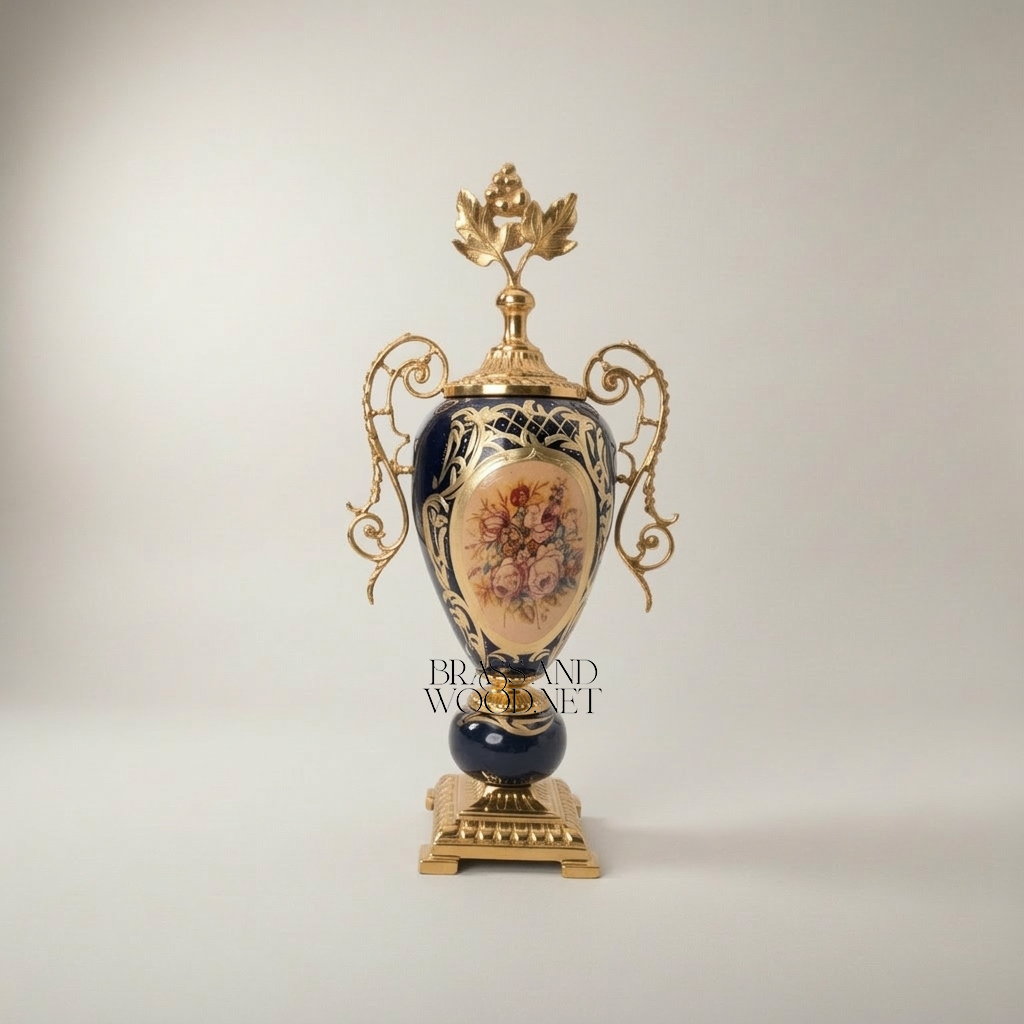 Rococo Cobalt Ceramic & Brass Garniture Set — Floral Cartouche with Swag & Bow Centrepiece
