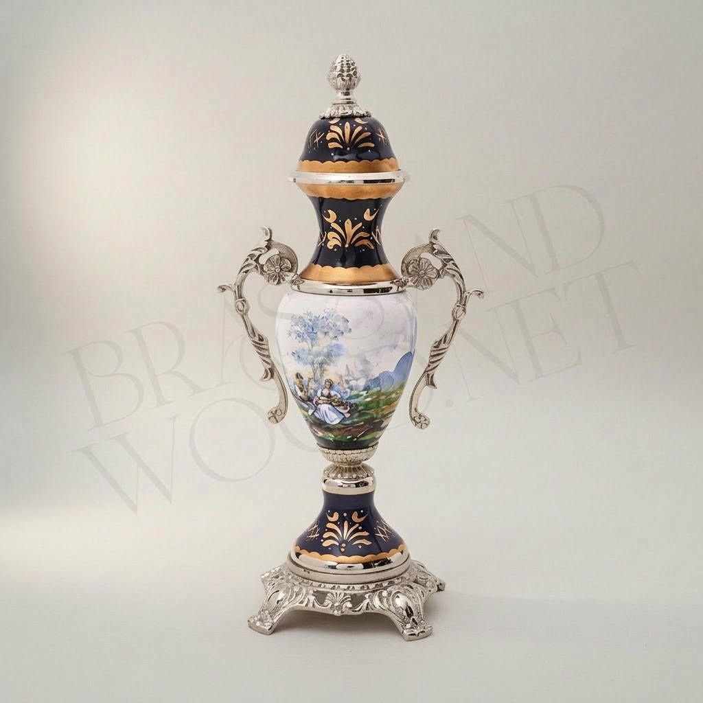 Rococo Sèvres-Style Ceramic & Brass Vase Garniture Set – Hand-Painted Pastoral Scenes — Silver