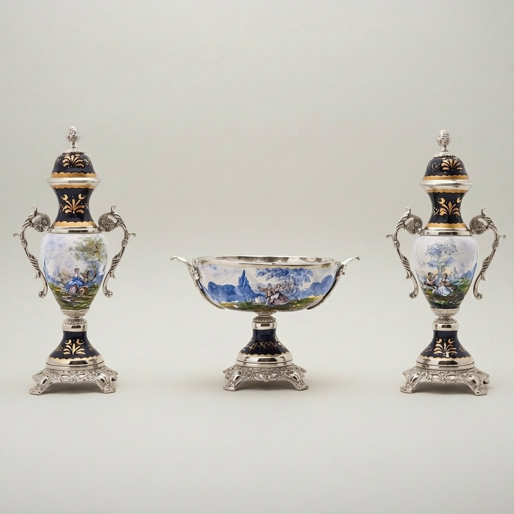 Rococo Sèvres-Style Ceramic & Brass Vase Garniture Set – Hand-Painted Pastoral Scenes — Silver