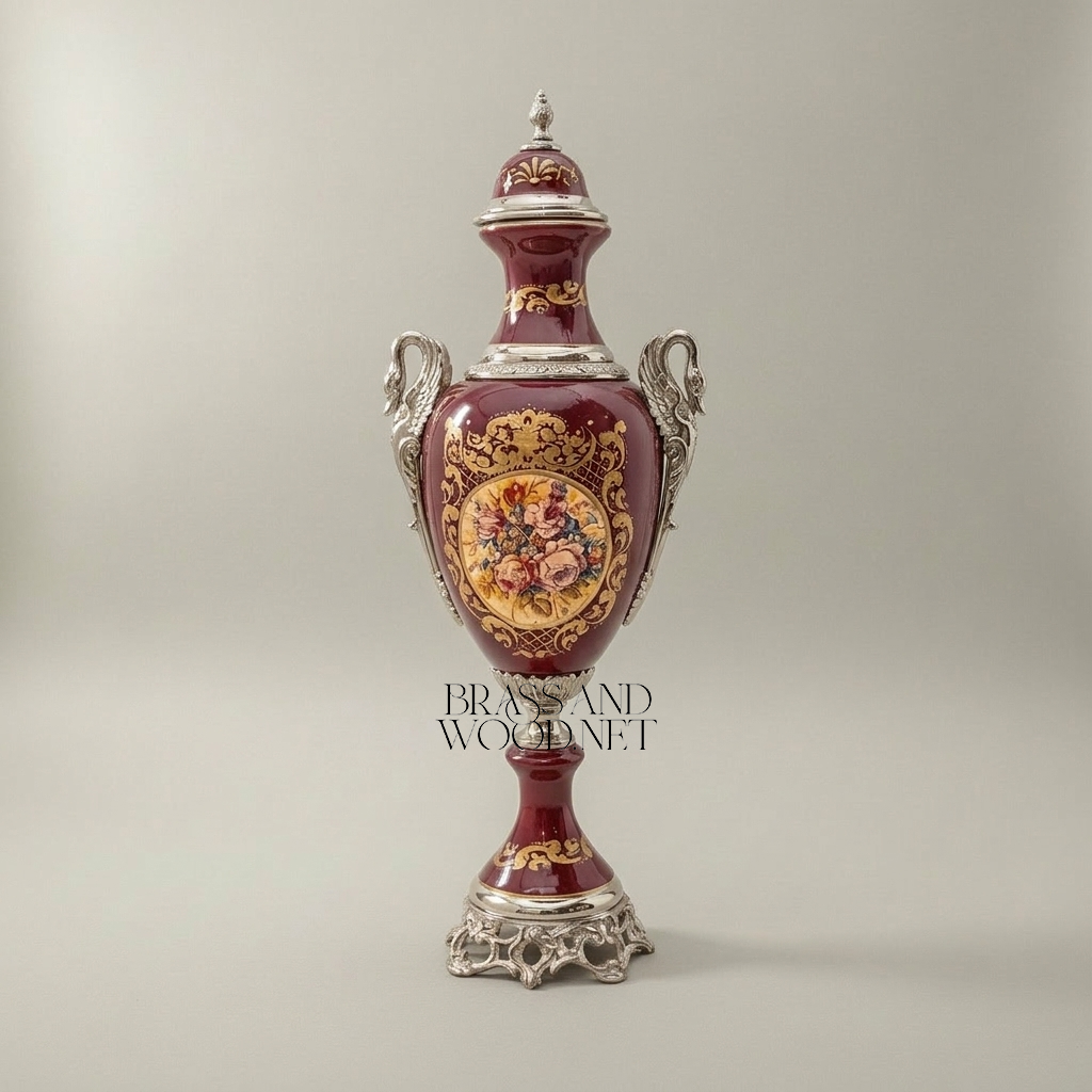 Sèvres-Style Ceramic & Brass 3-Piece Garniture Set with Hand-Painted Medallions