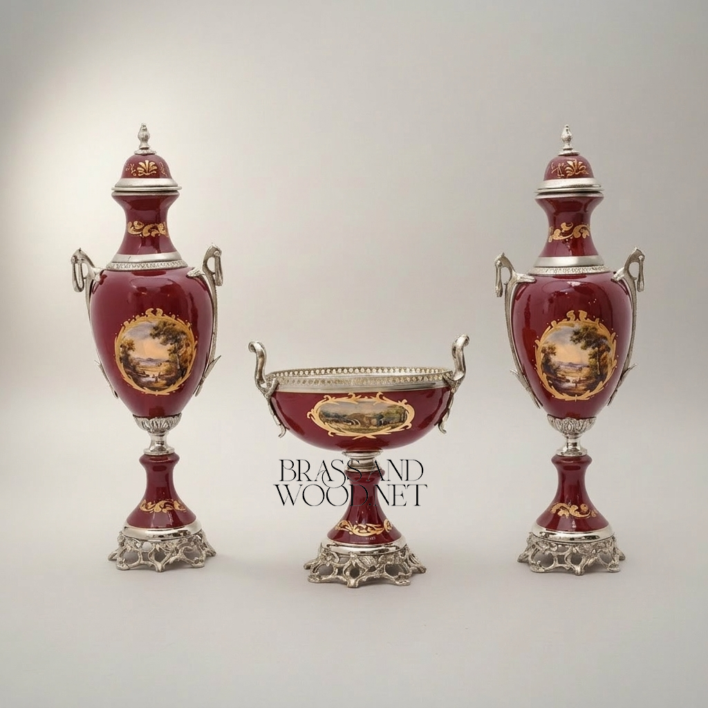 Sèvres-Style Ceramic & Brass 3-Piece Garniture Set with Hand-Painted Medallions