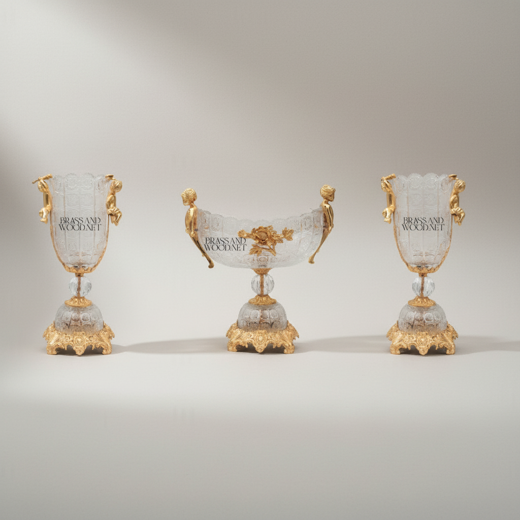 Baroque Crystal & Brass Vase and Centerpiece Bowl Set - Cherub & Female Figure Handles