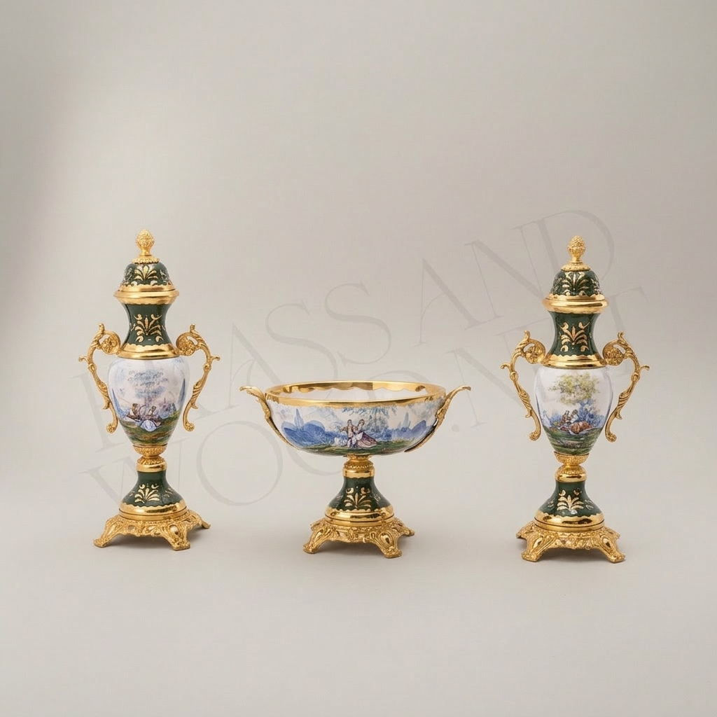 Neoclassical Hand-Painted Ceramic Lidded Urn Vase with Landscape Medallion & Brass Mounts