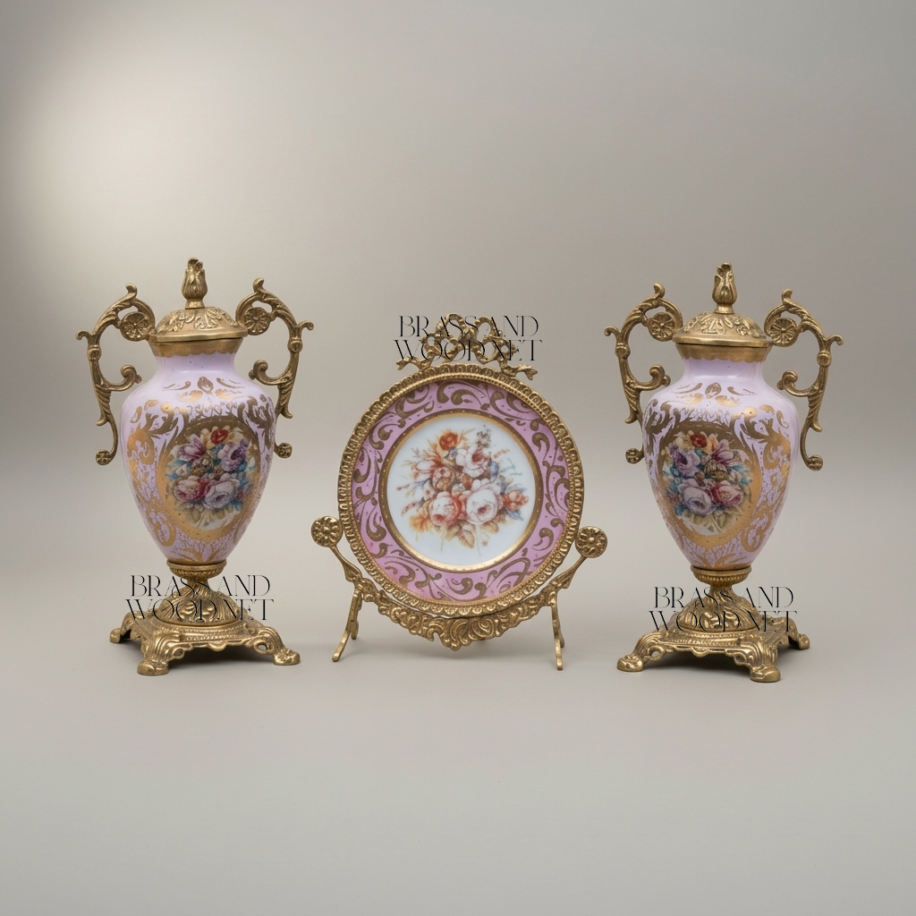 Rococo Brass & Ceramic Lidded Urn Vase Set with Floral Medallion — Twin Urns & Display Plate