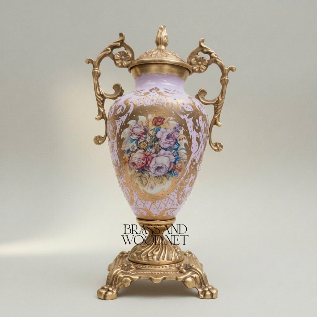 Rococo Brass & Ceramic Lidded Urn Vase Set with Floral Medallion — Twin Urns & Display Plate