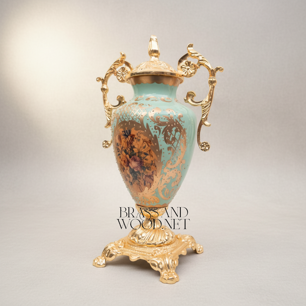 Rococo Sèvres-Inspired Turquoise Ceramic & Brass Urn Vase and Display Plate 3-Piece Set — Gold