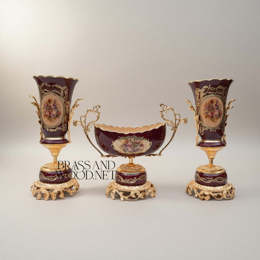 Rococo Hand-Painted Wine Ceramic Vase with Gilt Brass Acanthus Mounts & Scenic Cartouche