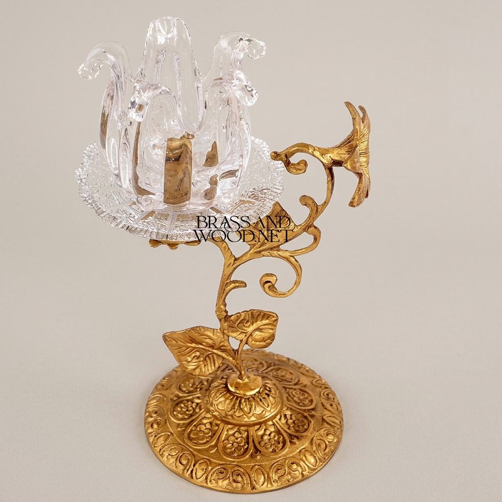 Rococo Brass & Crystal Candle Holder - Floral Stem with Engraved Round Base - Antique Gold