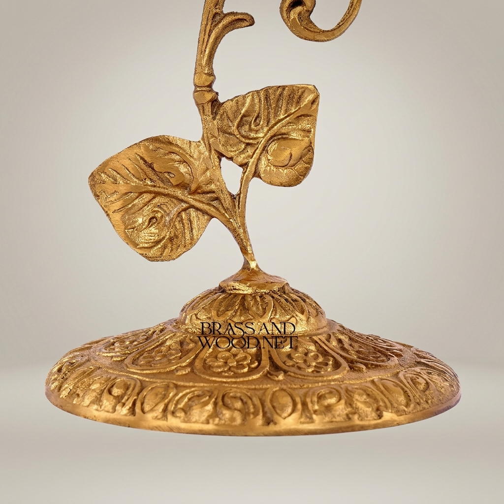 Rococo Brass & Crystal Candle Holder - Floral Stem with Engraved Round Base - Antique Gold