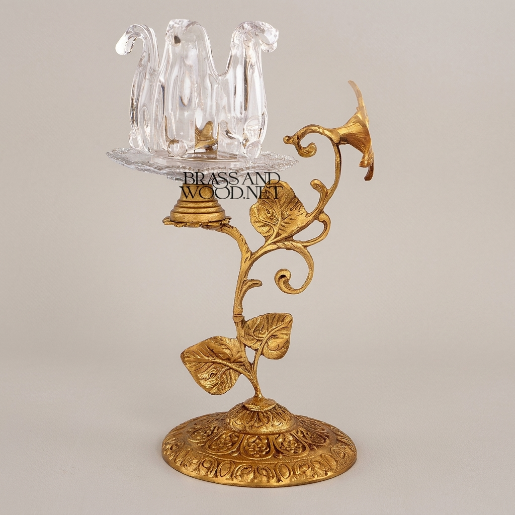 Rococo Brass & Crystal Candle Holder - Floral Stem with Engraved Round Base - Antique Gold