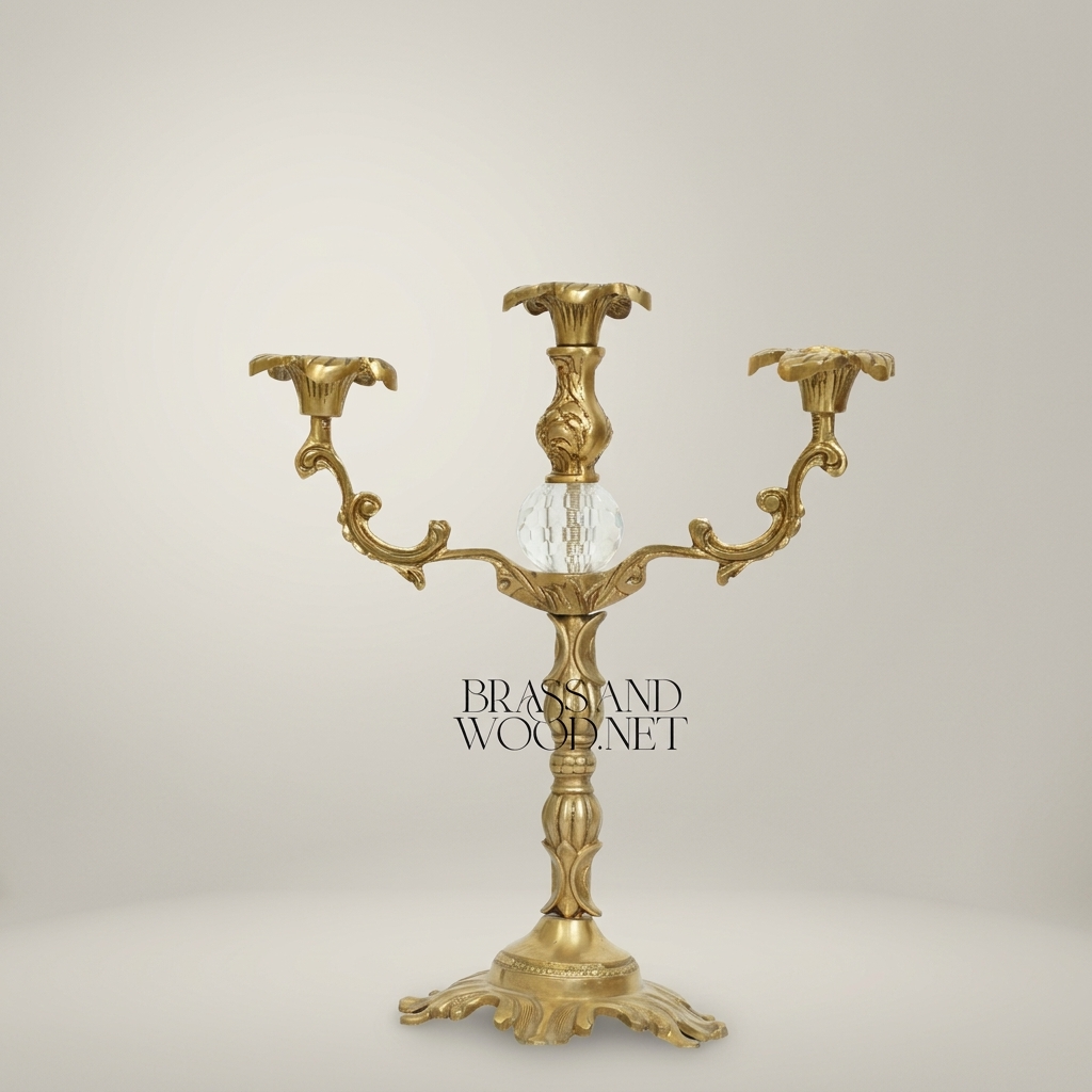 Rococo Brass Three-Arm Candelabra with Crystal Orb & Acanthus Scrollwork - Antique Gold