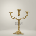 Rococo Brass Three-Arm Candelabra with Crystal Orb & Acanthus Scrollwork - Antique Gold