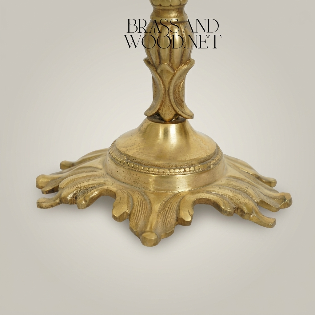 Rococo Brass Three-Arm Candelabra with Crystal Orb & Acanthus Scrollwork - Antique Gold