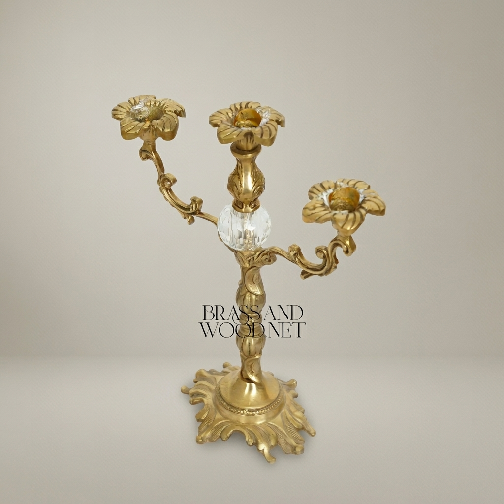 Rococo Brass Three-Arm Candelabra with Crystal Orb & Acanthus Scrollwork - Antique Gold