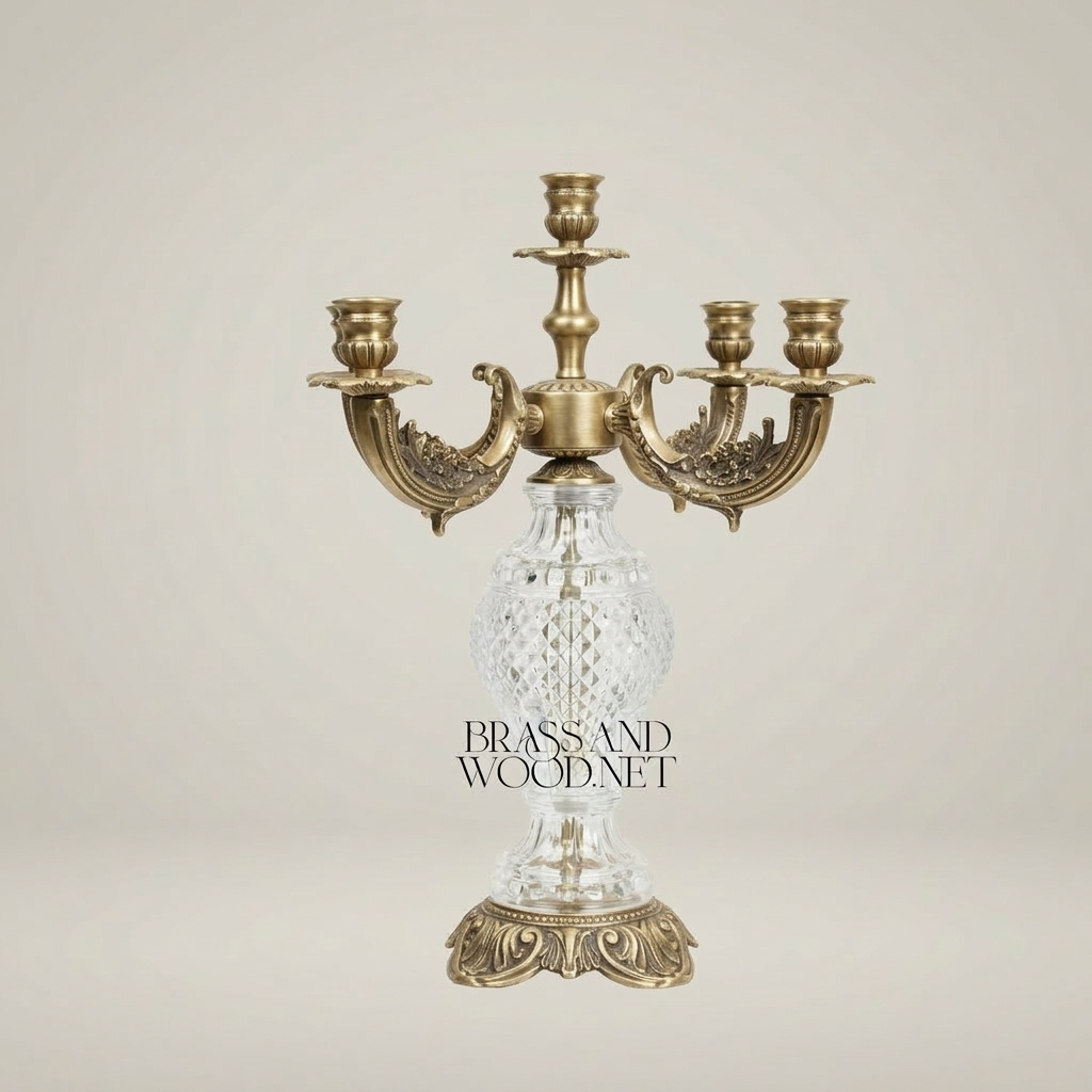 Baroque Five-Arm Candelabra with Diamond-Cut Crystal Sphere & Acanthus Brass Base - Antique Gold