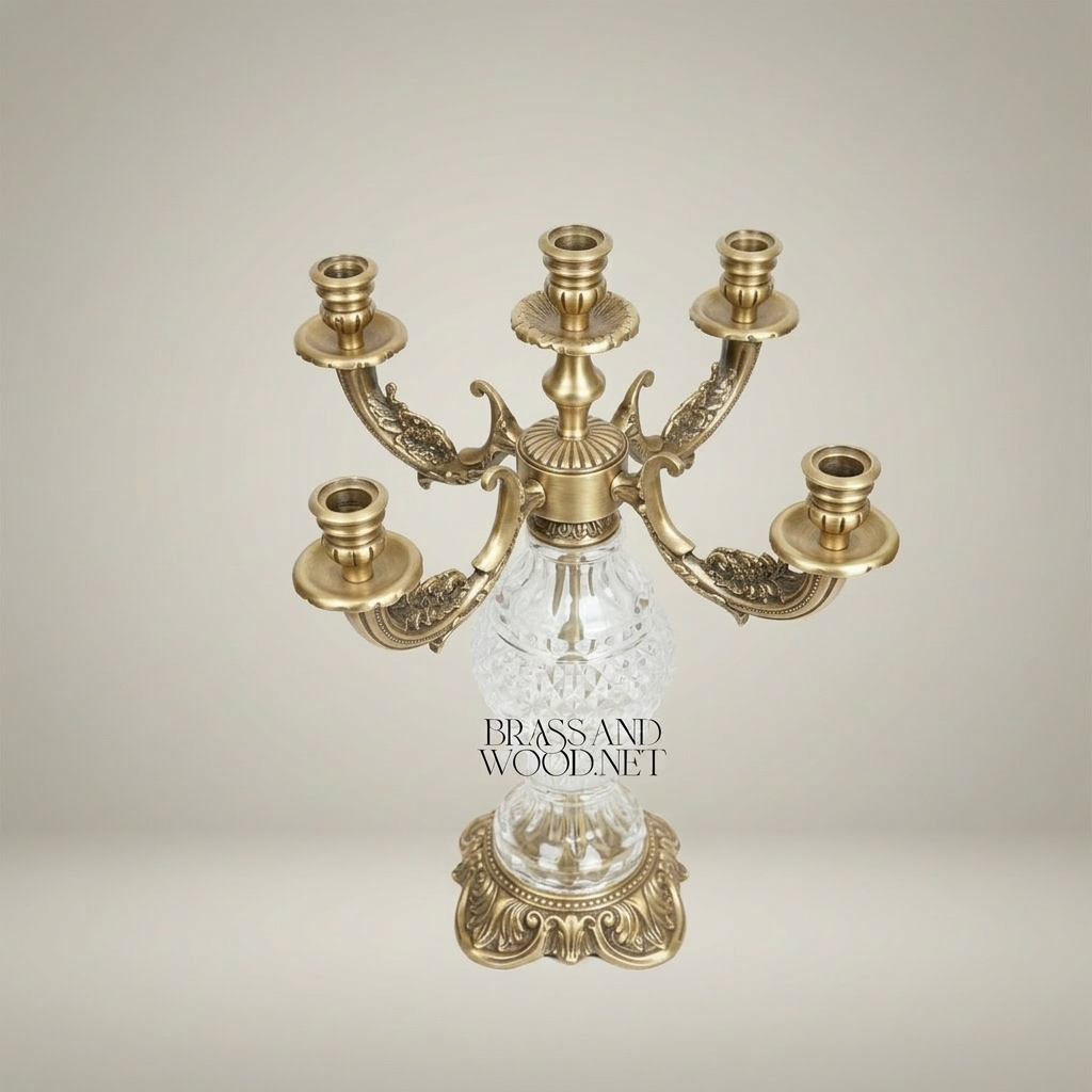 Baroque Five-Arm Candelabra with Diamond-Cut Crystal Sphere & Acanthus Brass Base - Antique Gold