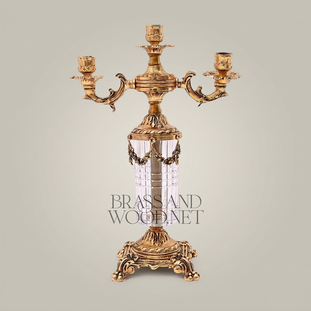 Neoclassical 3-Arm Brass & Crystal Candelabra with Fluted Column and Floral Swag Mounts - Antique Gold