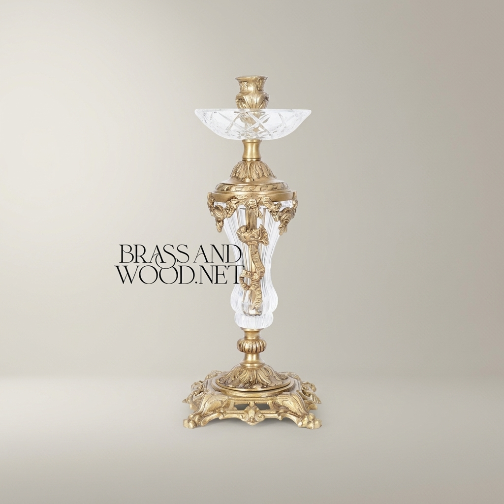 Rococo Crystal & Brass Single-Arm Candlestick with Acanthus Scrollwork Base - Antique Gold