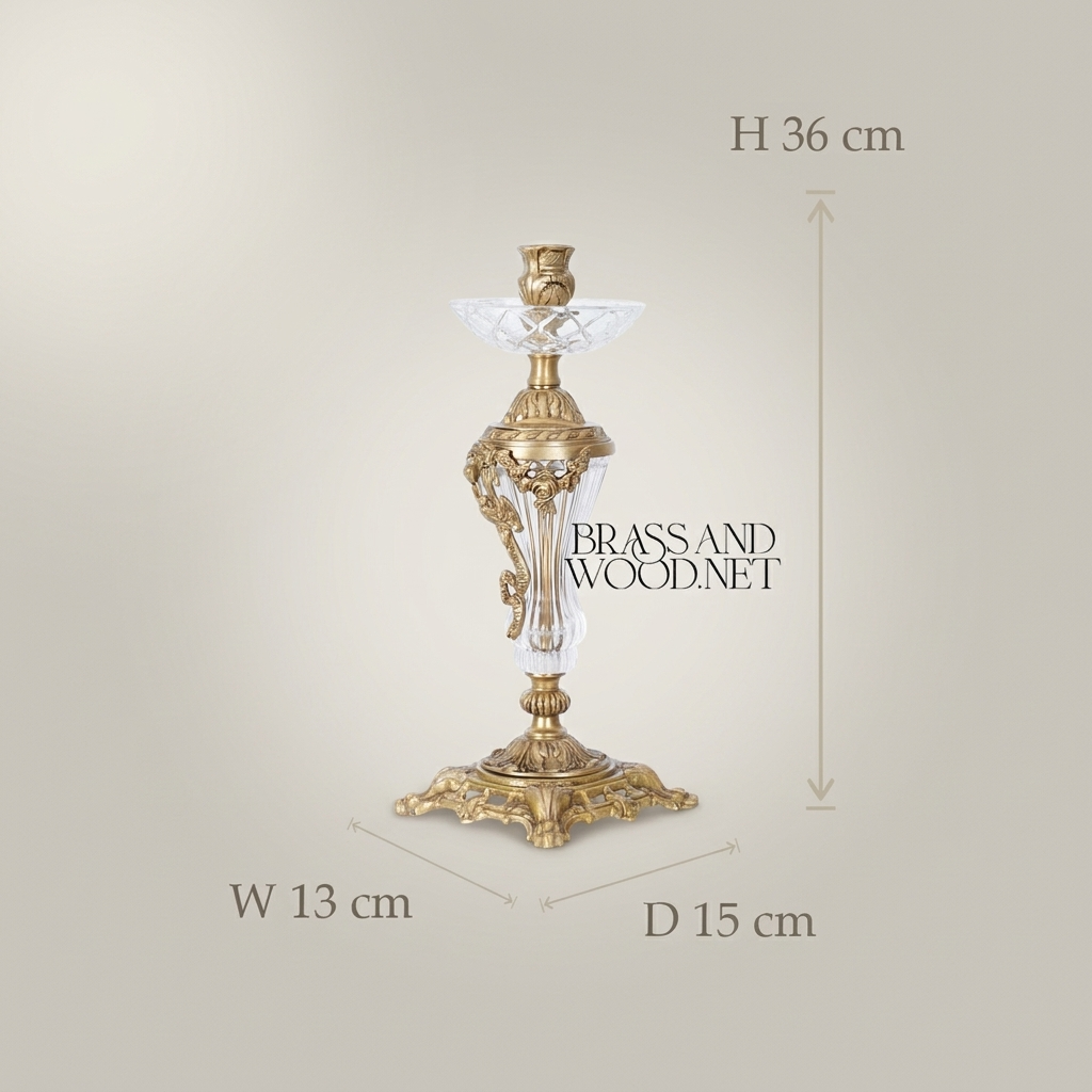 Rococo Crystal & Brass Single-Arm Candlestick with Acanthus Scrollwork Base - Antique Gold