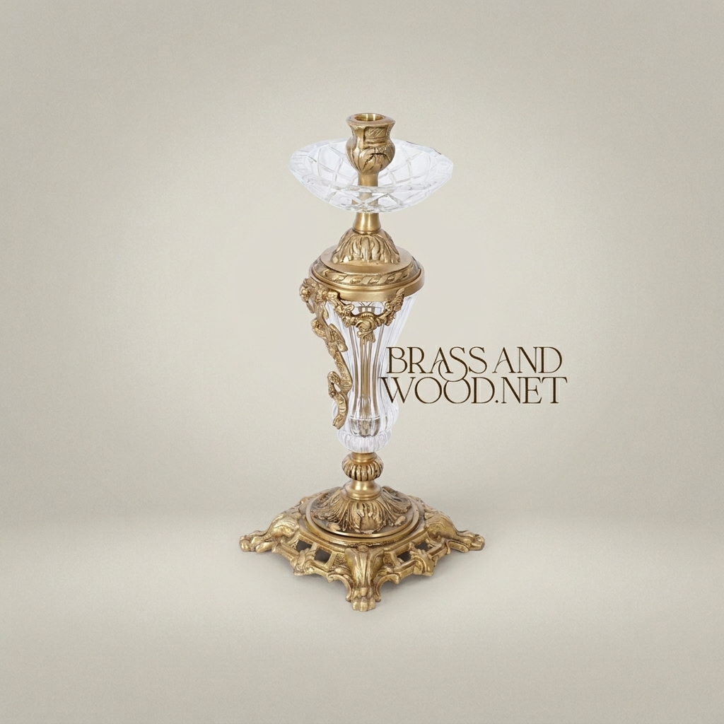Rococo Crystal & Brass Single-Arm Candlestick with Acanthus Scrollwork Base - Antique Gold