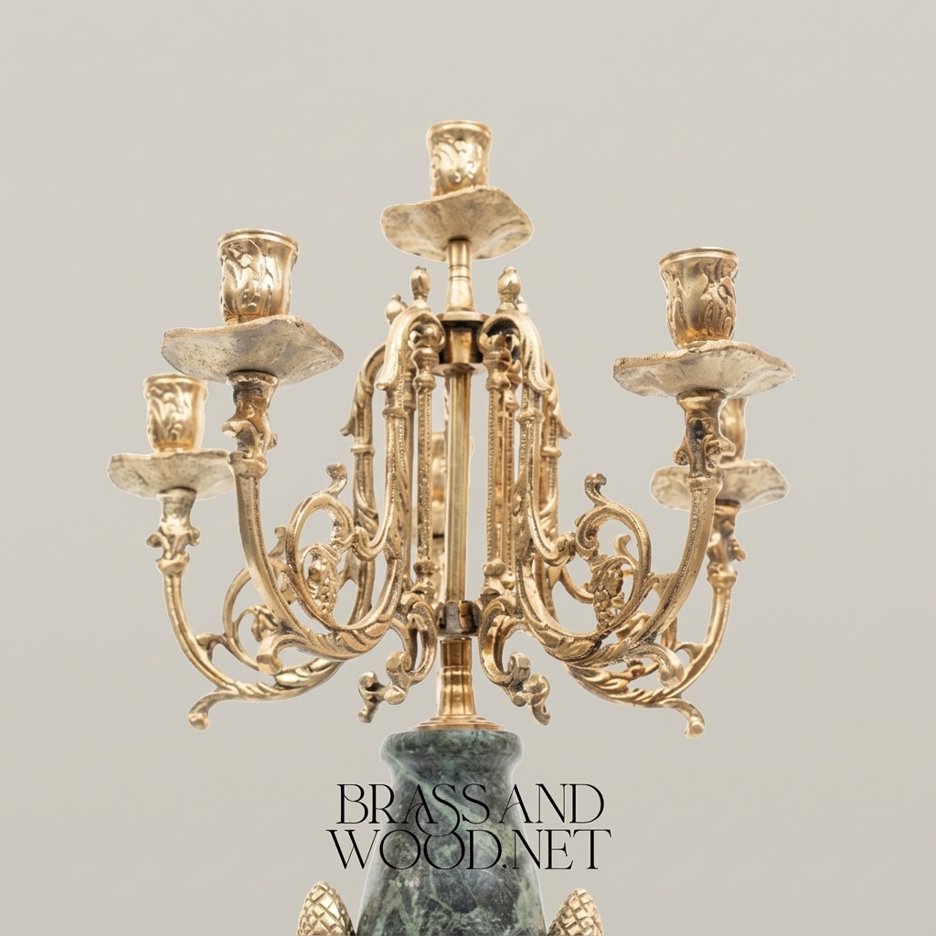 Lyre-Form Marble & Brass Mantel Clock Garniture with Candelabra — Antique Gold