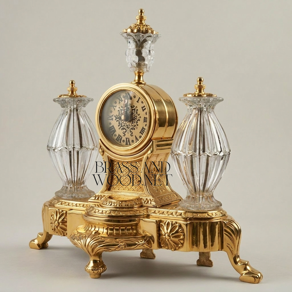 Neoclassical Brass & Crystal Desk Clock Set with Flanking Crystal Urns and Acanthus Base