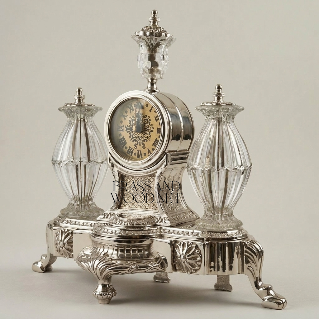 Neoclassical Brass & Crystal Desk Clock Set with Flanking Crystal Urns and Acanthus Base — Silver