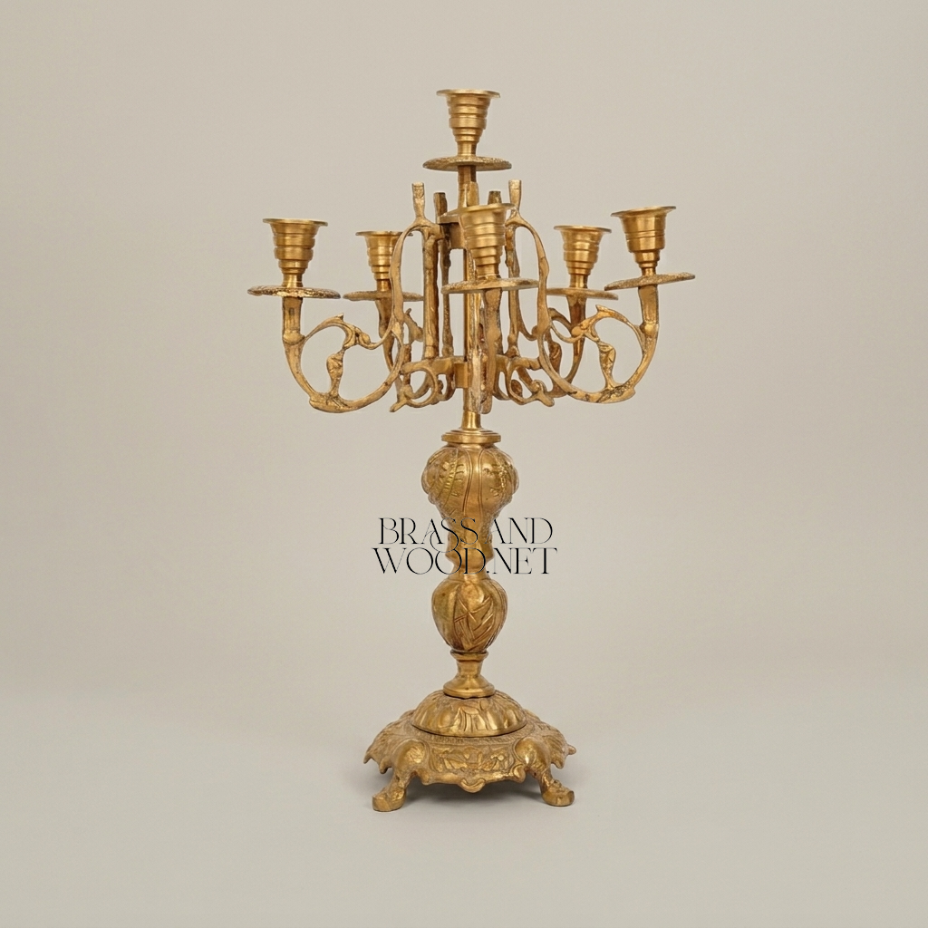 Baroque Brass 7-Arm Candelabra with Ornate Scrollwork Base — Gold