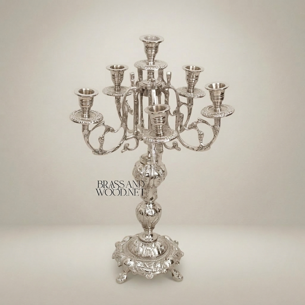 Baroque Brass 7-Arm Candelabra with Ornate Scrollwork Base — Silver