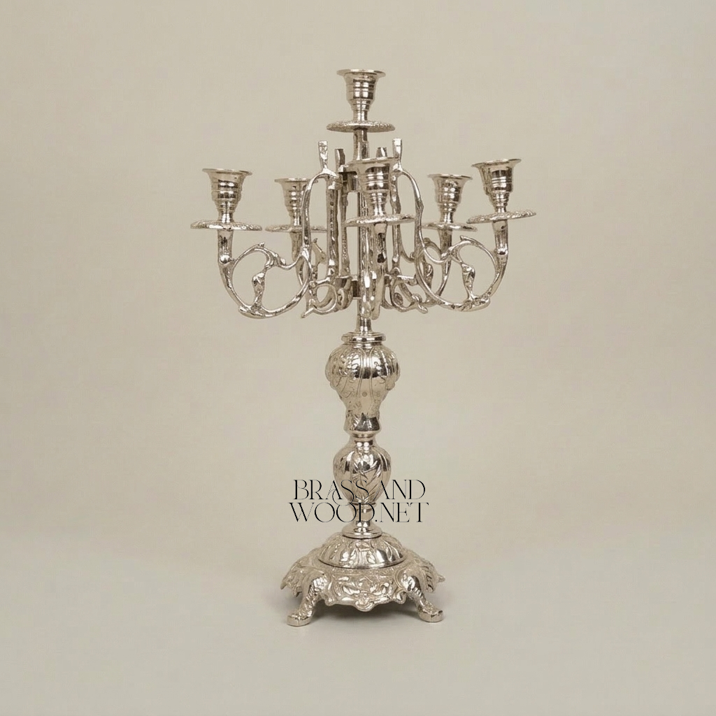 Baroque Brass 7-Arm Candelabra with Ornate Scrollwork Base — Silver
