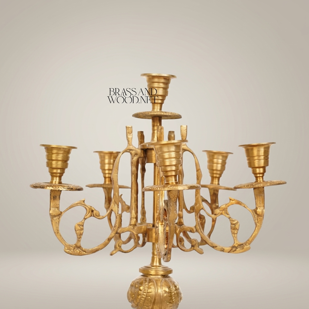 Baroque Brass 7-Arm Candelabra with Ornate Scrollwork Base