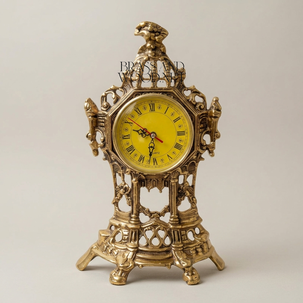 Baroque Openwork Brass Mantel Clock with Eagle Finial & Roman Dial — Antique Gold