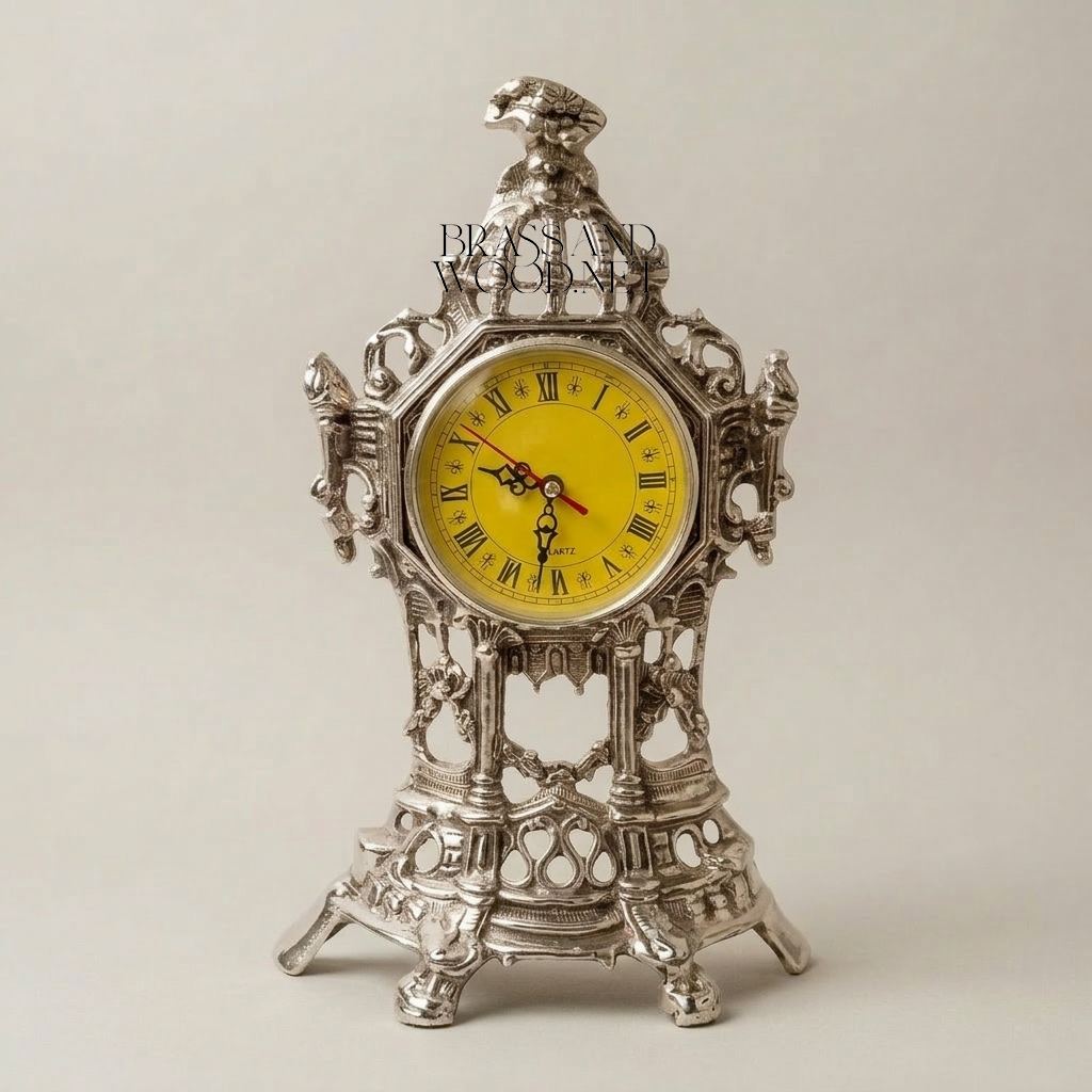 Baroque Openwork Brass Mantel Clock with Eagle Finial & Roman Dial — Silver