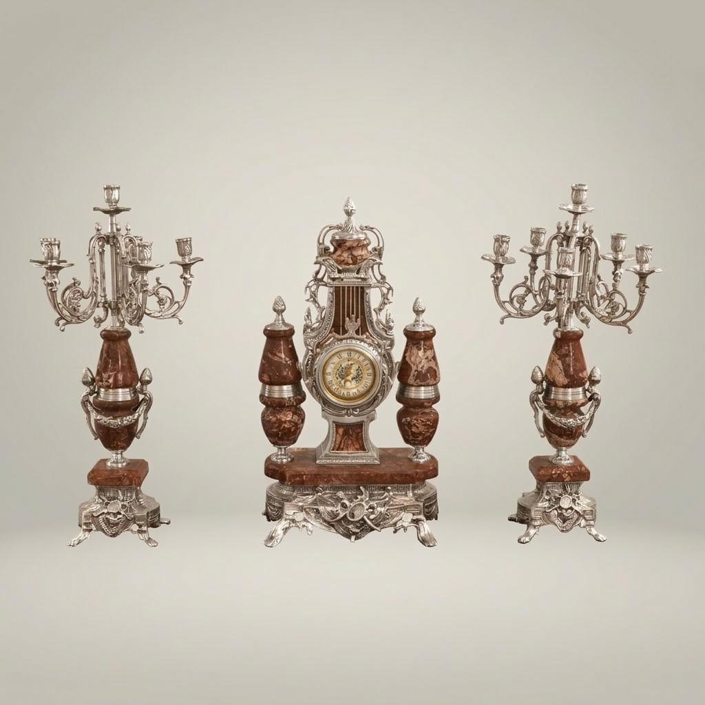 Napoleon III Red Marble & Brass Mantel Garniture Set — Urn Clock with Twin Seven-Arm Candelabra — Silver