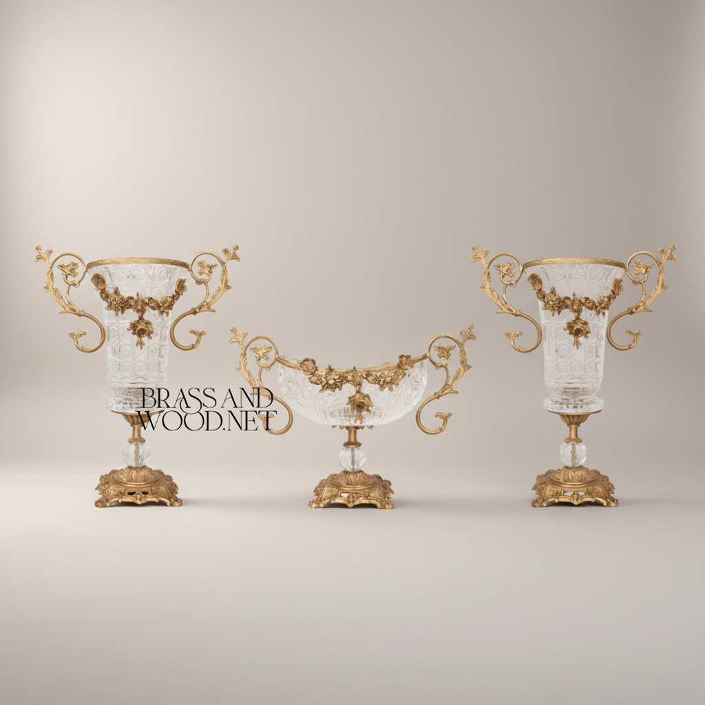 Rococo Crystal & Brass 3-Piece Vase & Centerpiece Garniture Set with Floral Scroll Mounts — Antique Gold