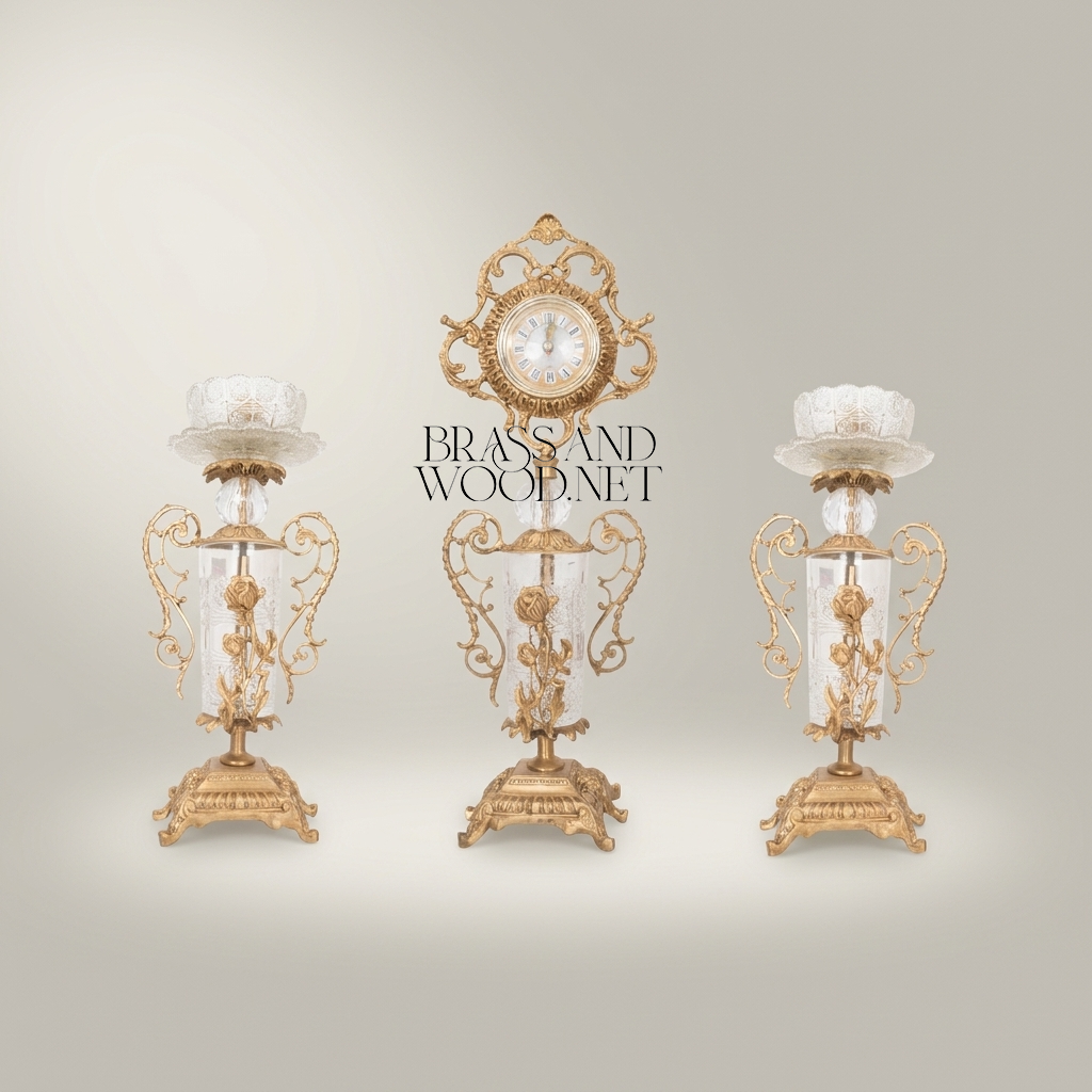Rococo Brass & Crystal 3-Piece Clock Garniture Set with Rose Scroll Filigree — Antique Gold