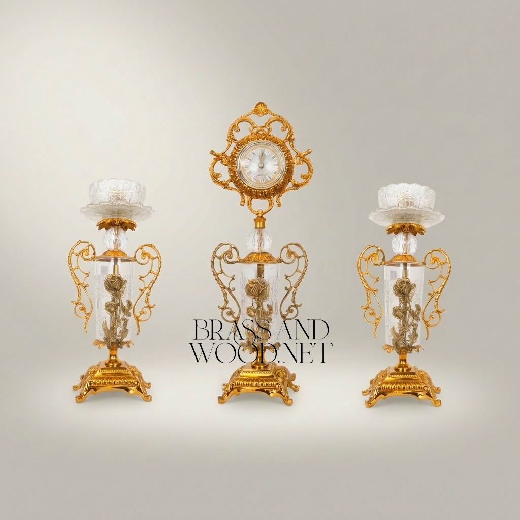 Rococo Brass & Crystal 3-Piece Clock Garniture Set with Rose Scroll Filigree