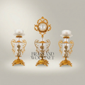 Rococo Brass & Crystal 3-Piece Clock Garniture Set with Rose Scroll Filigree — Gold